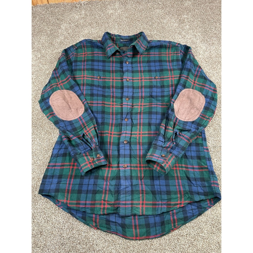 Pendleton‎ Flannel Shirt Mens Large Blue Green Tartan Hawthorne Elbow Patches